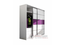 DUBAJ, šatní skříň s posuvnými dveřmi 220cm, bílá / fialové sklo