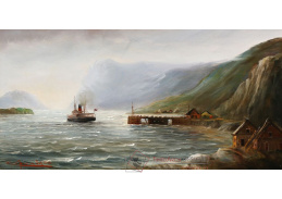 A-3133 Alfred Jensen - Lot v norského fjordu s lodí připlouvající do osady