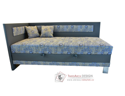 Čalouněná rohová postel LIZ 100x200cm - pravá, ekokůže šedá / látka modrý vzor