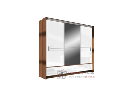 AMSTERDAM, šatní skříň s posuvnými dveřmi a 3-mi zásuvkami 255cm, ořech / bílé sklo / zrcadlo