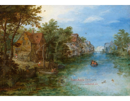 A-2245 Jan Brueghel - Vesnický kanál s postavami, čluny a molem